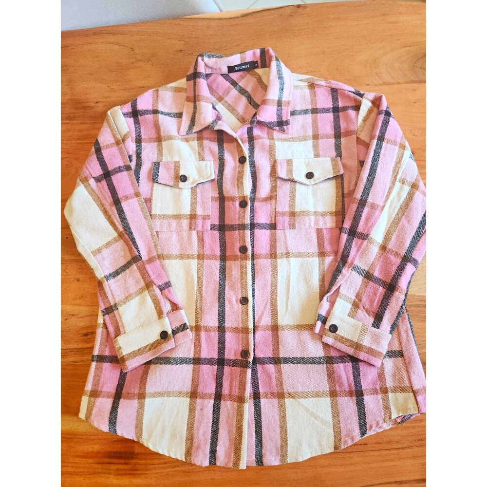 Cozy Womens Small Pink White Plaid Long Sleeve Flannel Button-Up Shacket